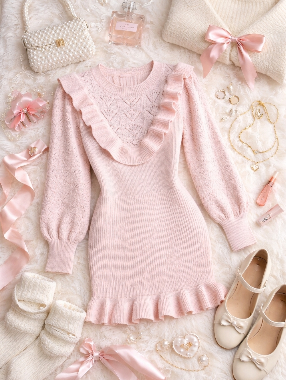 Miss Selfridge Pink Knit Frill Cute Bodycon Dress 6